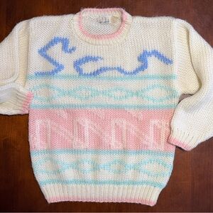 Vintage Retro Cozy Cream Sweater with Pastel Accents
